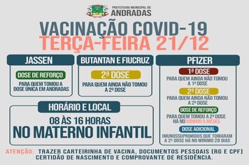 ATENÇÃO! VACINAÇÃO CONTRA A COVID-19 CONTINUA EM ANDRADAS NA PRÓXIMA TERÇA-FEIRA, 21 DE DEZEMBRO