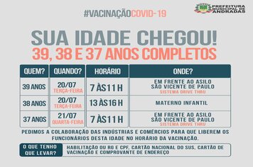 ANDRADAS VACINA PESSOAS DE 39, 38 E 37 ANOS COMPLETOS CONTRA COVID NOS DIAS 20 E 21 DE JULHO.