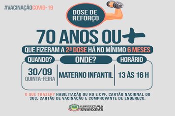 ANDRADAS APLICA A DOSE DE REFORÇO DA VACINA CONTRA A COVID PARA IDOSOS DE 70 ANOS OU MAIS NA PRÓXIMA QUINTA-FEIRA, 30 DE SETEMBRO