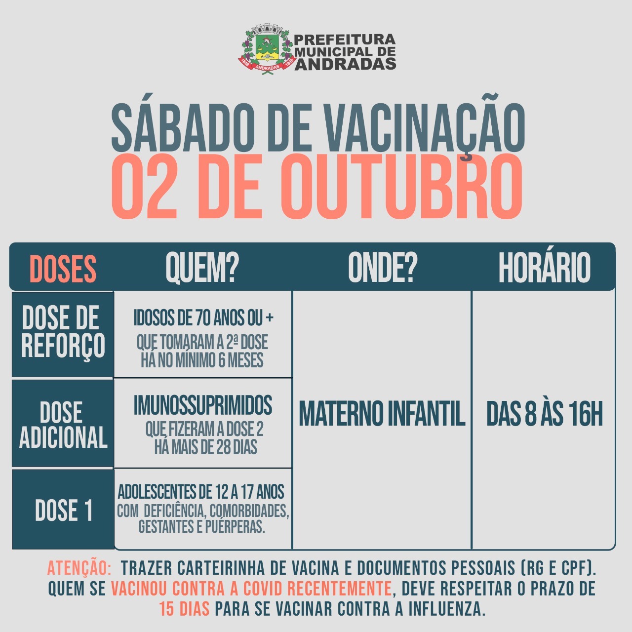 PREFEITURA PROMOVE VACINAÇÃO CONTRA A COVID-19 PARA DIVERSOS PÚBLICOS NESSE SÁBADO, 02 DE OUTUBRO