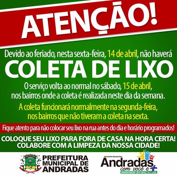 Atenção para a coleta de lixo neste feriado