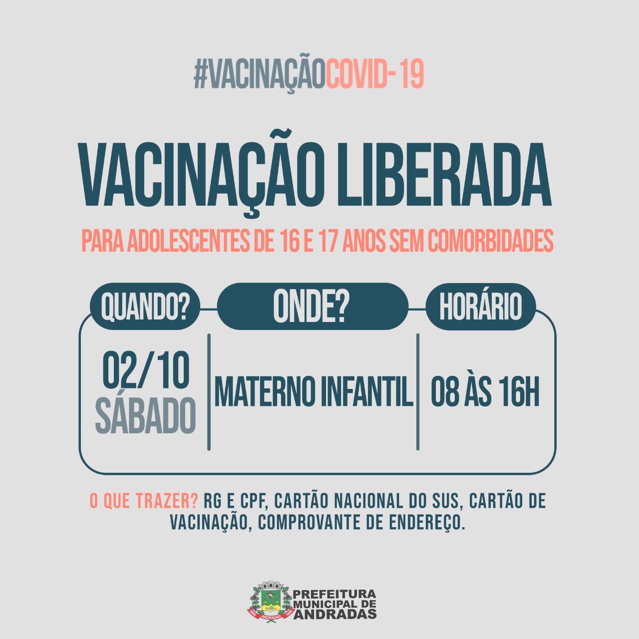ANDRADAS APLICA A PRIMEIRA DOSE DA VACINA CONTRA A COVID-19 NOS ADOLESCENTES DE 16 E 17 ANOS SEM COMORBIDADES