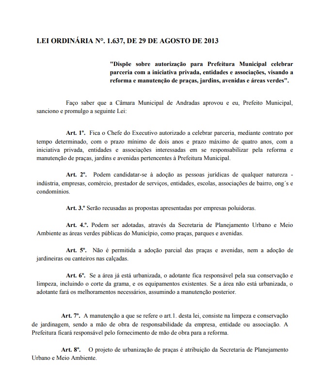 Lei permite parceria entre Prefeitura e empresas privadas para reforma de praças