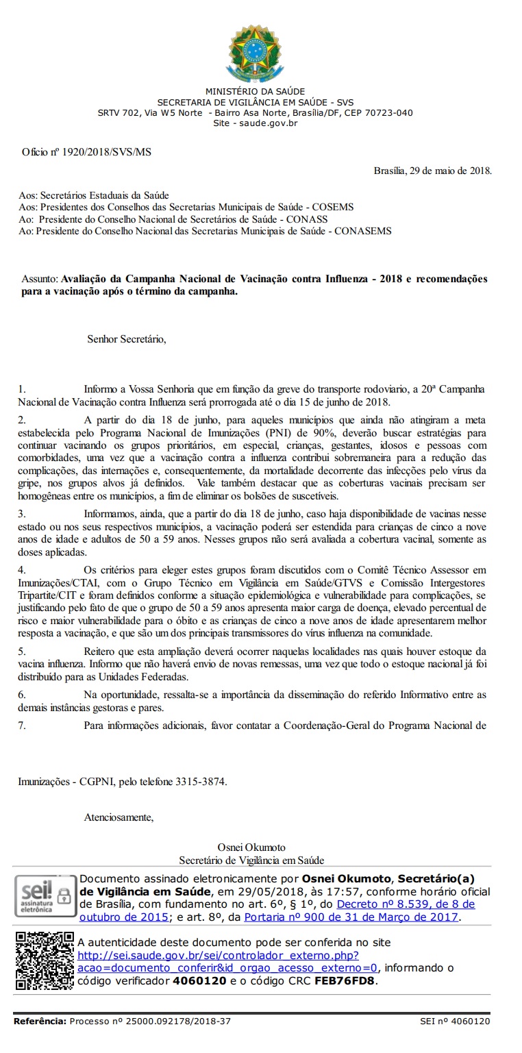 Comunicado sobre a 20ª Campanha de Vacinação Influenza