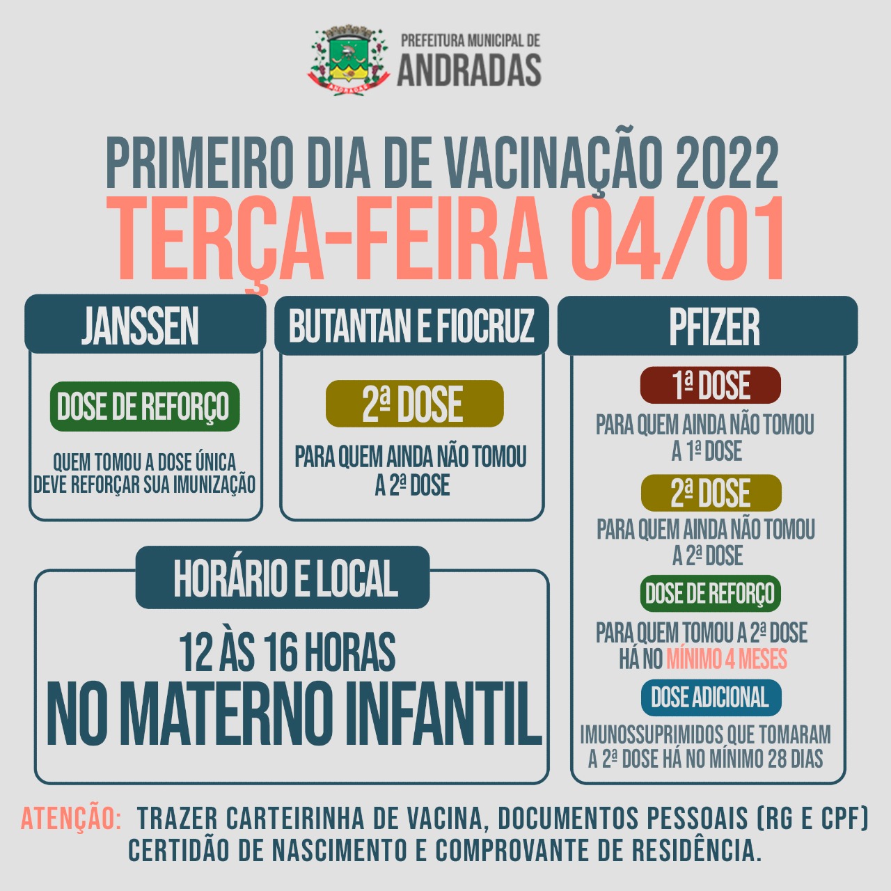 TERÇA-FEIRA, 04 DE JANEIRO, É DIA DE TOMAR VACINA EM ANDRADAS CONTRA A COVID-19